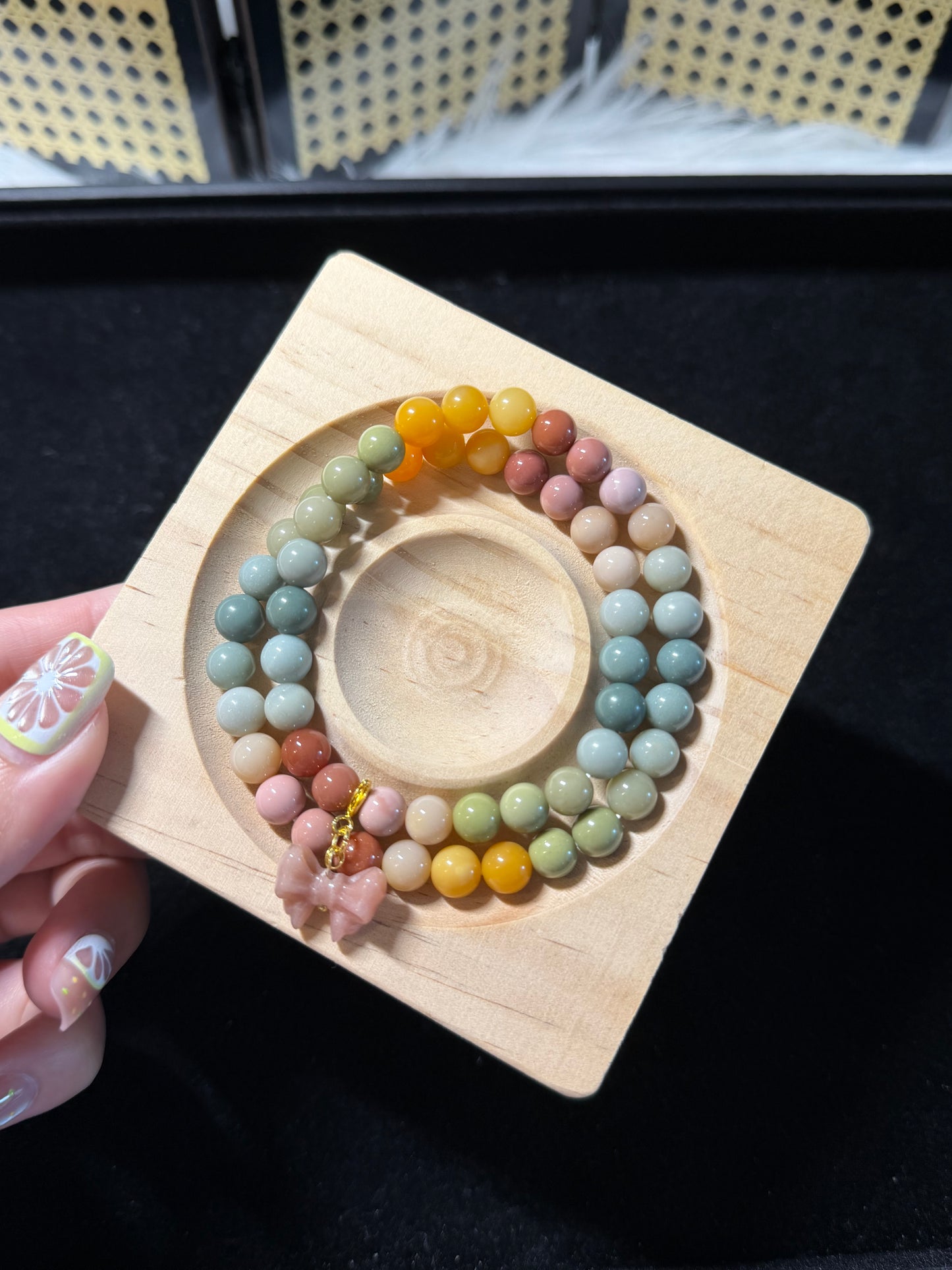 7mm Double Row Rainbow Alashan Agate DIY Bracelet with Bowknot