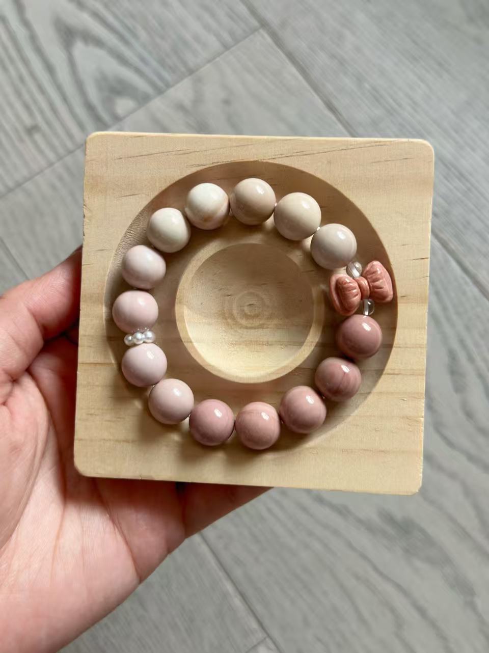 12mm Gradient Pink Alashan Agate Bead Bracelet with Bowknot Charm | Natural Gemstone Jewelry | Handmade | Gift for Her