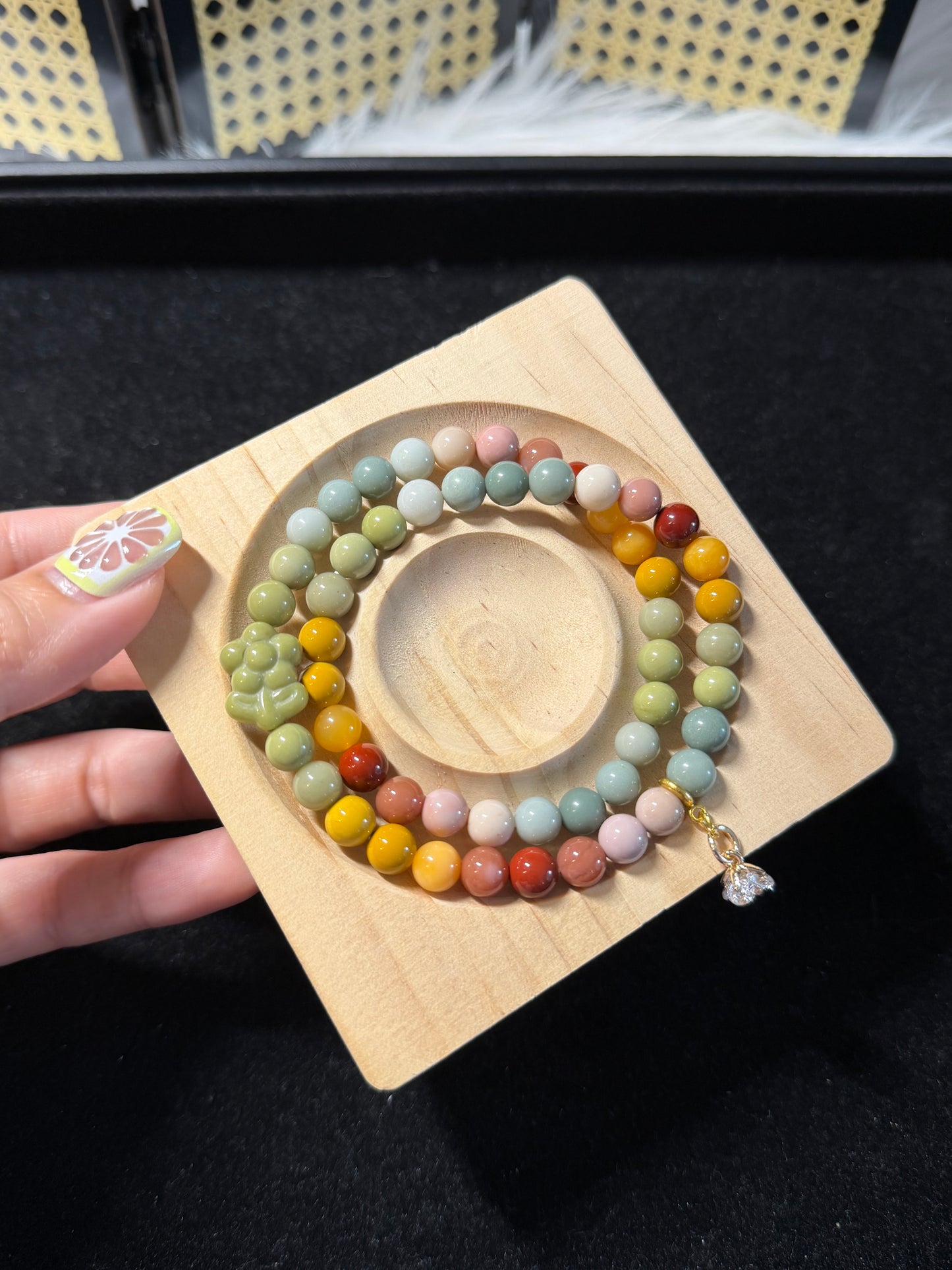 7mm Double Row Rainbow Alashan Agate with Flower Charm