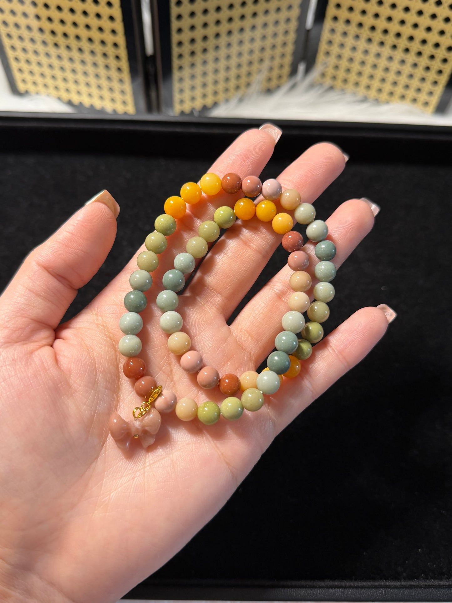 7mm Double Row Rainbow Alashan Agate DIY Bracelet with Bowknot