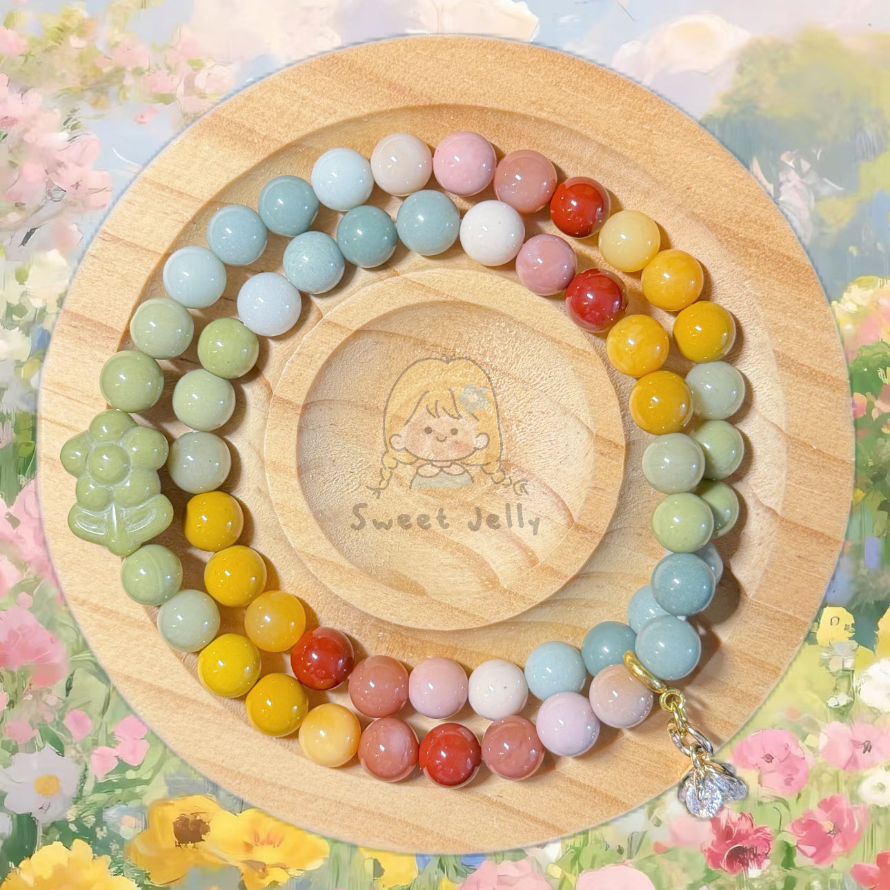 7mm Double Row Rainbow Alashan Agate with Flower Charm