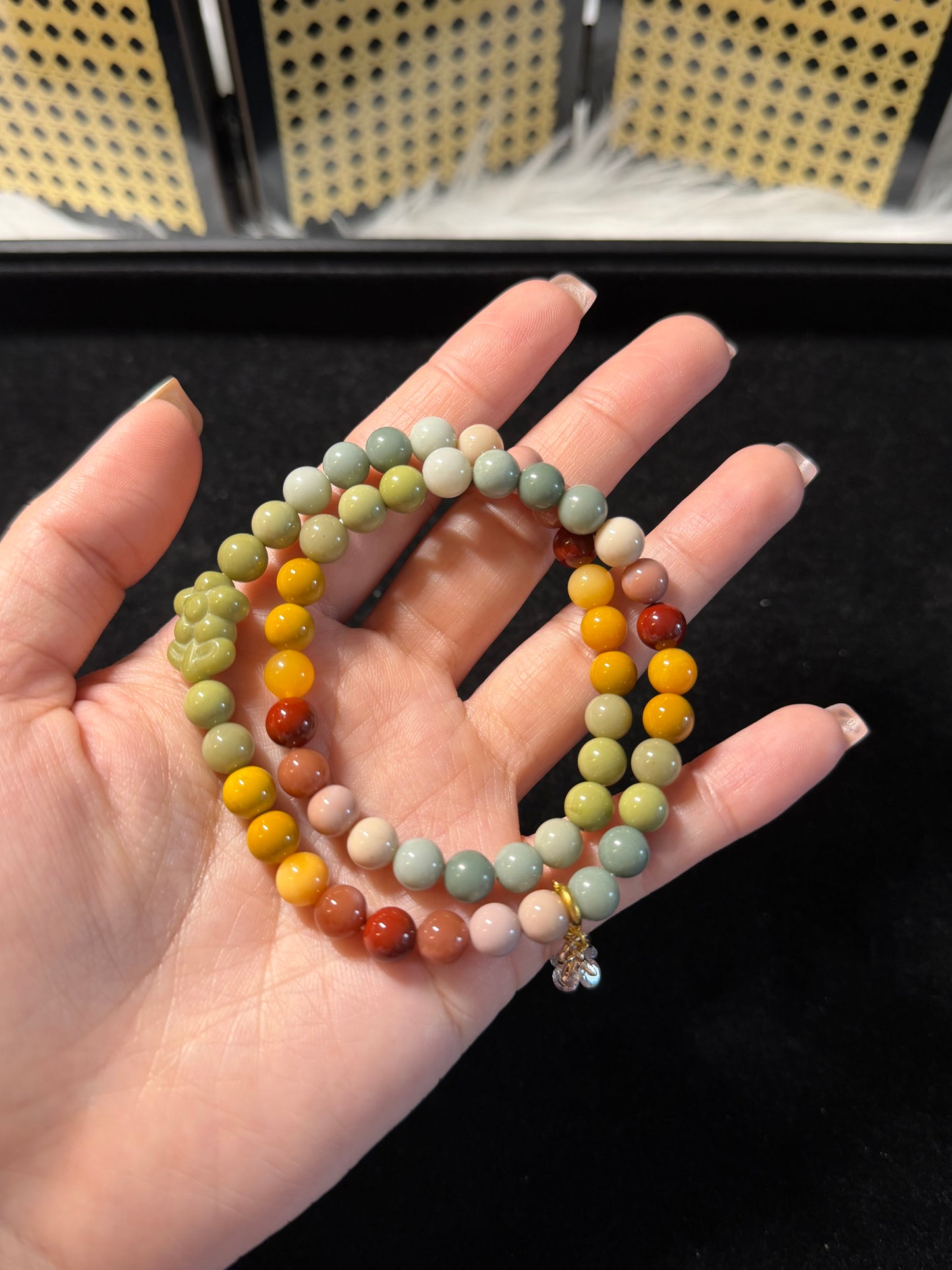 7mm Double Row Rainbow Alashan Agate with Flower Charm
