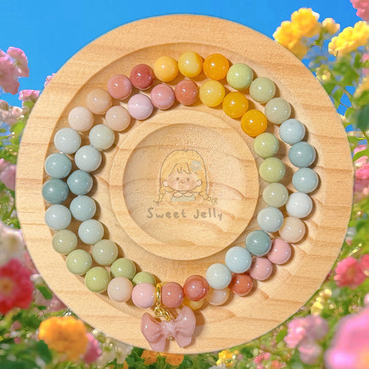 7mm Double Row Rainbow Alashan Agate DIY Bracelet with Bowknot