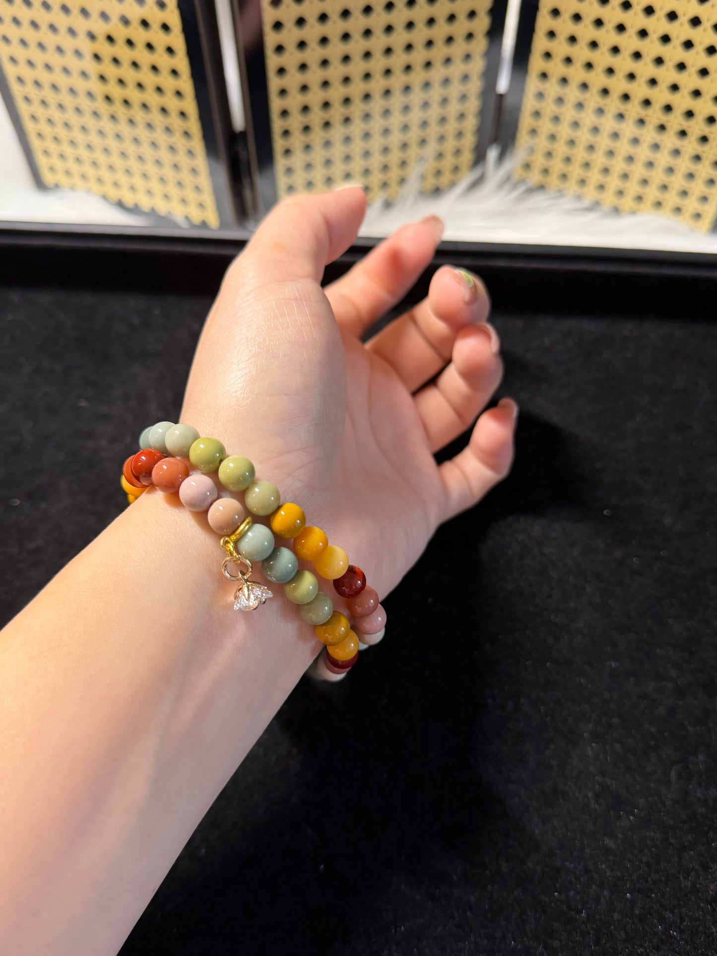 7mm Double Row Rainbow Alashan Agate with Flower Charm