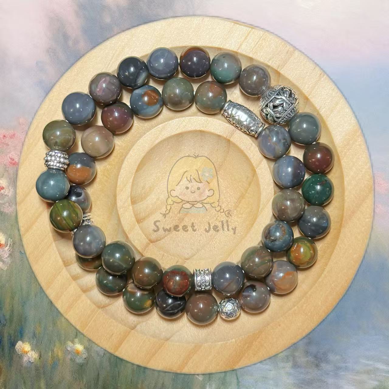 8mm Double Row Old Style Alashan Agate Women Bracelet with Charm