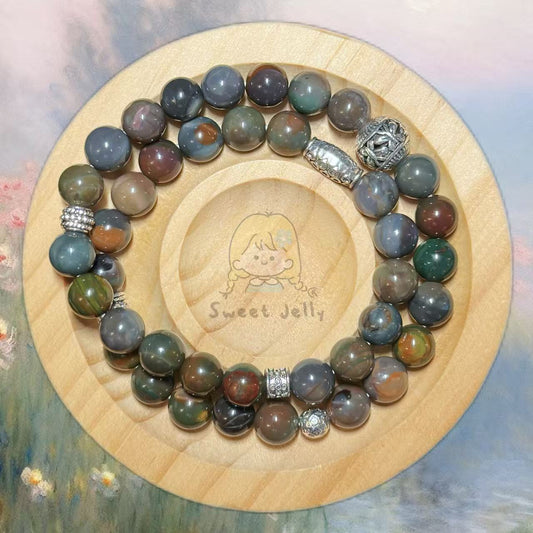 8mm Double Row Old Style Alashan Agate Women Bracelet with Charm