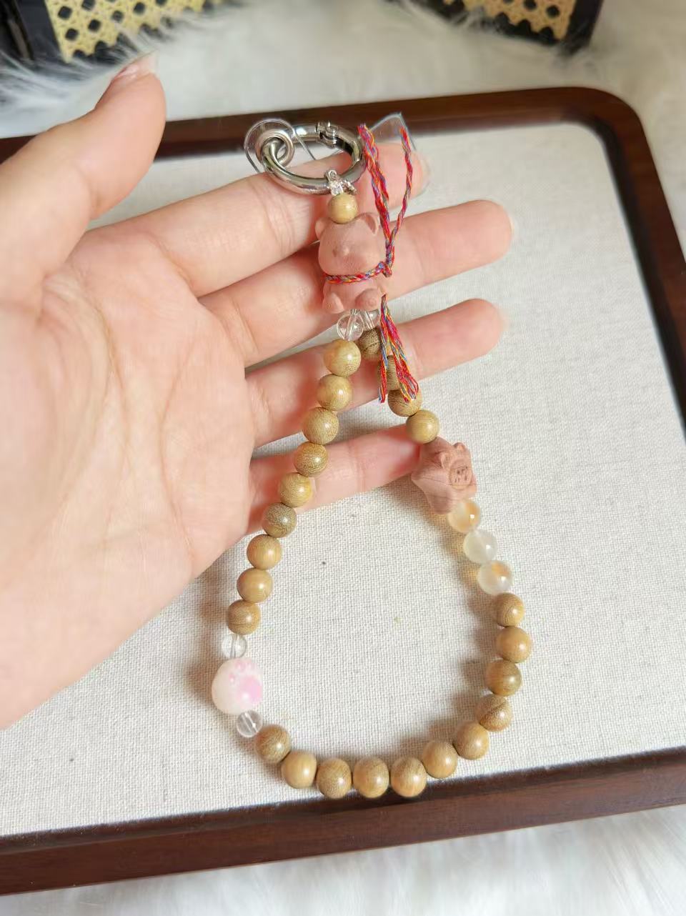 Milky Sandalwood Phone Charm | Natural Wood Beaded Phone Strap | Minimalist Phone Lanyard | Handmade Wristlet for Phone & Bag