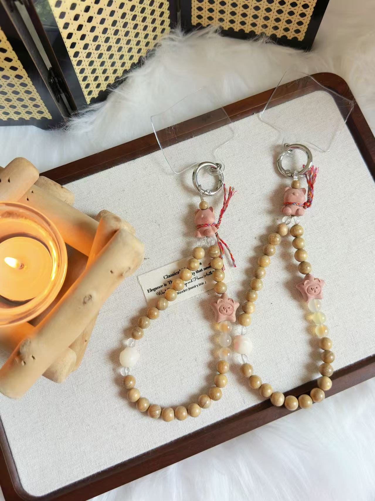 Milky Sandalwood Phone Charm | Natural Wood Beaded Phone Strap | Minimalist Phone Lanyard | Handmade Wristlet for Phone & Bag