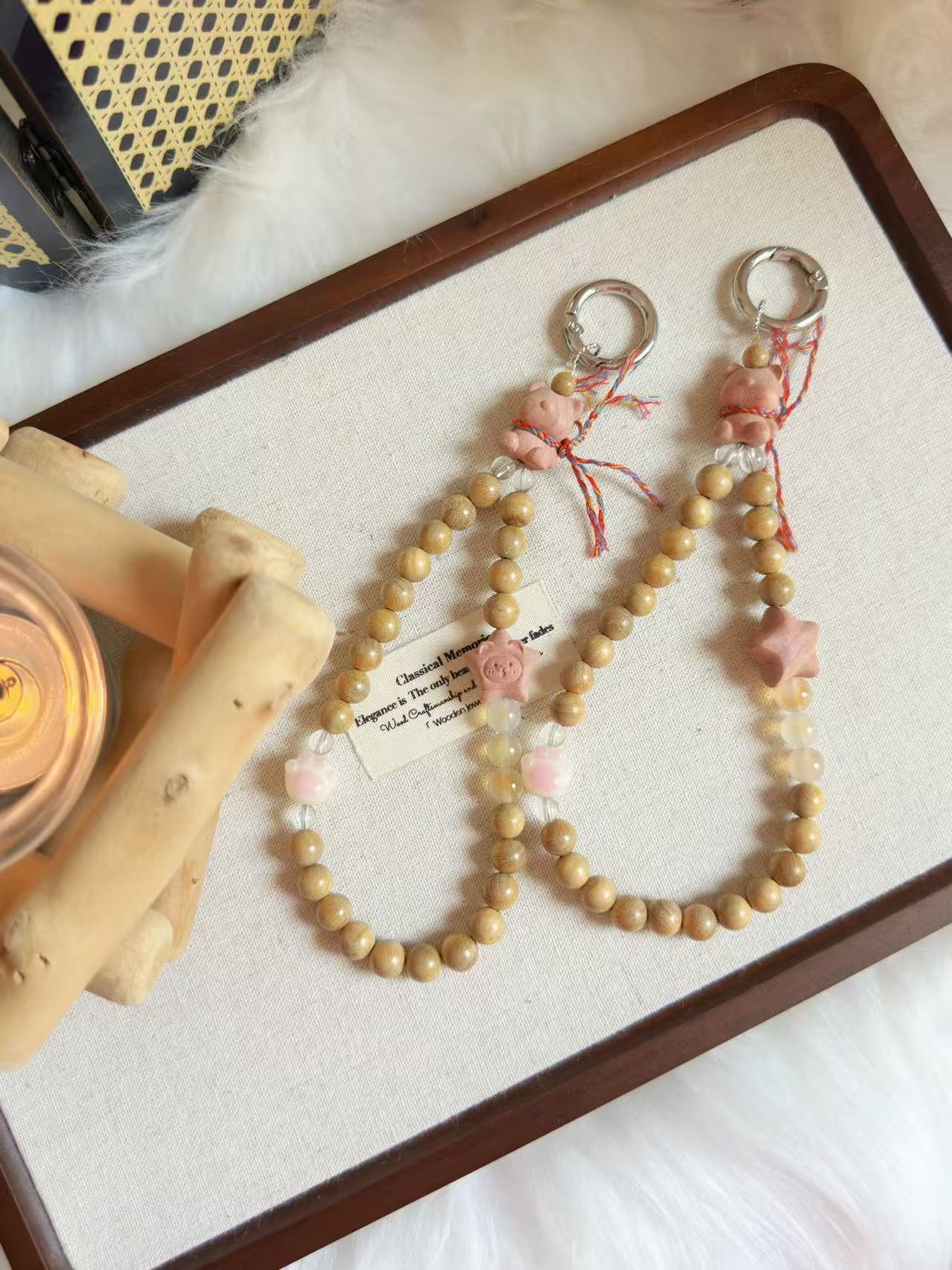 Milky Sandalwood Phone Charm | Natural Wood Beaded Phone Strap | Minimalist Phone Lanyard | Handmade Wristlet for Phone & Bag