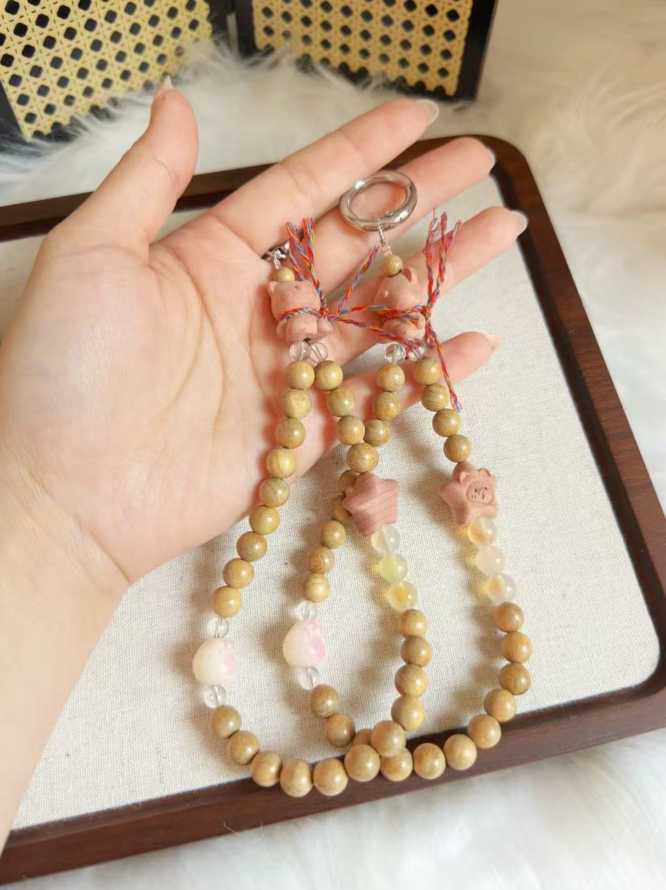 Milky Sandalwood Phone Charm | Natural Wood Beaded Phone Strap | Minimalist Phone Lanyard | Handmade Wristlet for Phone & Bag