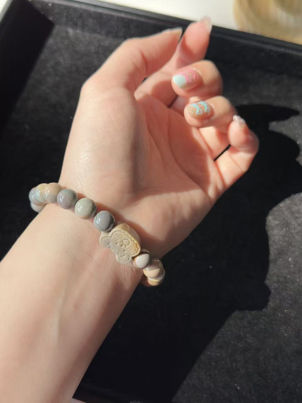 8mm Blue Caramel Alashan Agate Beads Handmade Bracelet with Charm | Natural Gemstone Jewelry | Gift for Her | Textured Stone