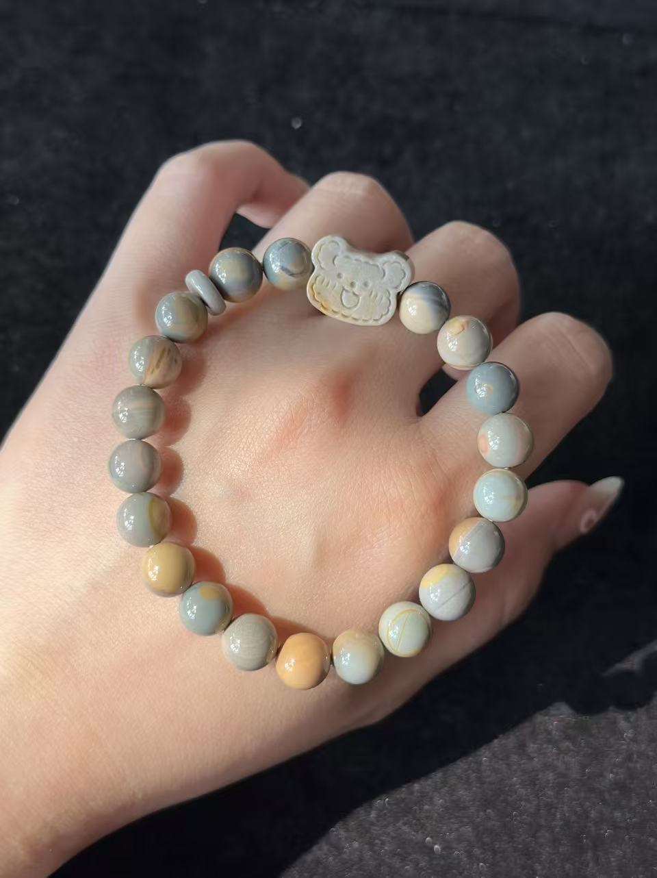 8mm Blue Caramel Alashan Agate Beads Handmade Bracelet with Charm | Natural Gemstone Jewelry | Gift for Her | Textured Stone