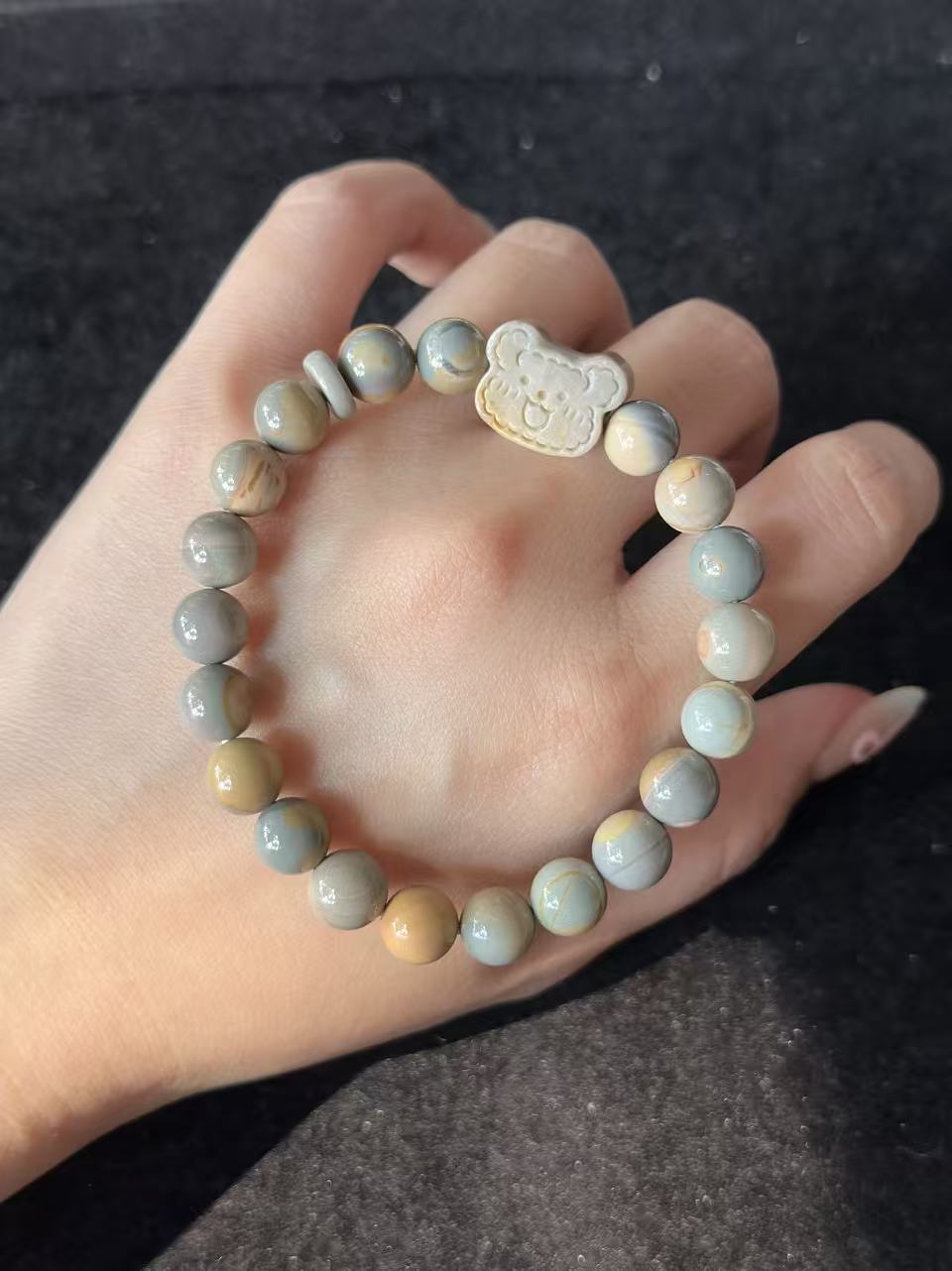 8mm Blue Caramel Alashan Agate Beads Handmade Bracelet with Charm | Natural Gemstone Jewelry | Gift for Her | Textured Stone