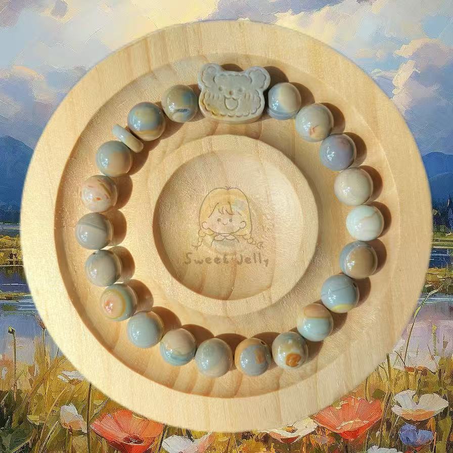 8mm Blue Caramel Alashan Agate Beads Handmade Bracelet with Charm | Natural Gemstone Jewelry | Gift for Her | Textured Stone