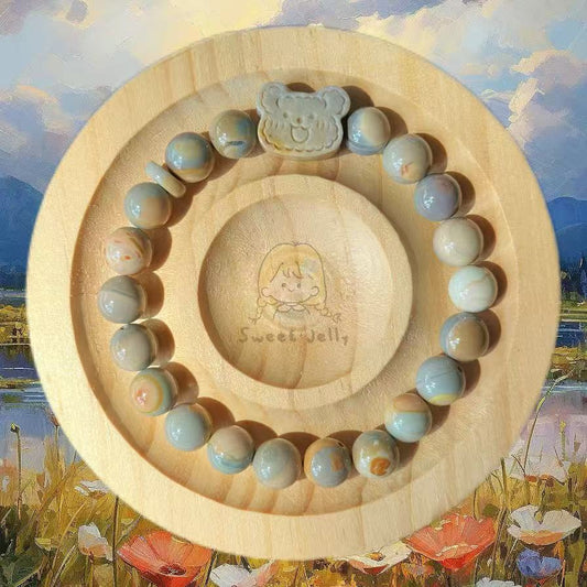 8mm Blue Caramel Alashan Agate Beads Handmade Bracelet with Charm | Natural Gemstone Jewelry | Gift for Her | Textured Stone