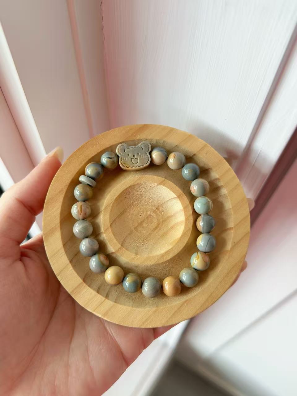 8mm Blue Caramel Alashan Agate Beads Handmade Bracelet with Charm | Natural Gemstone Jewelry | Gift for Her | Textured Stone