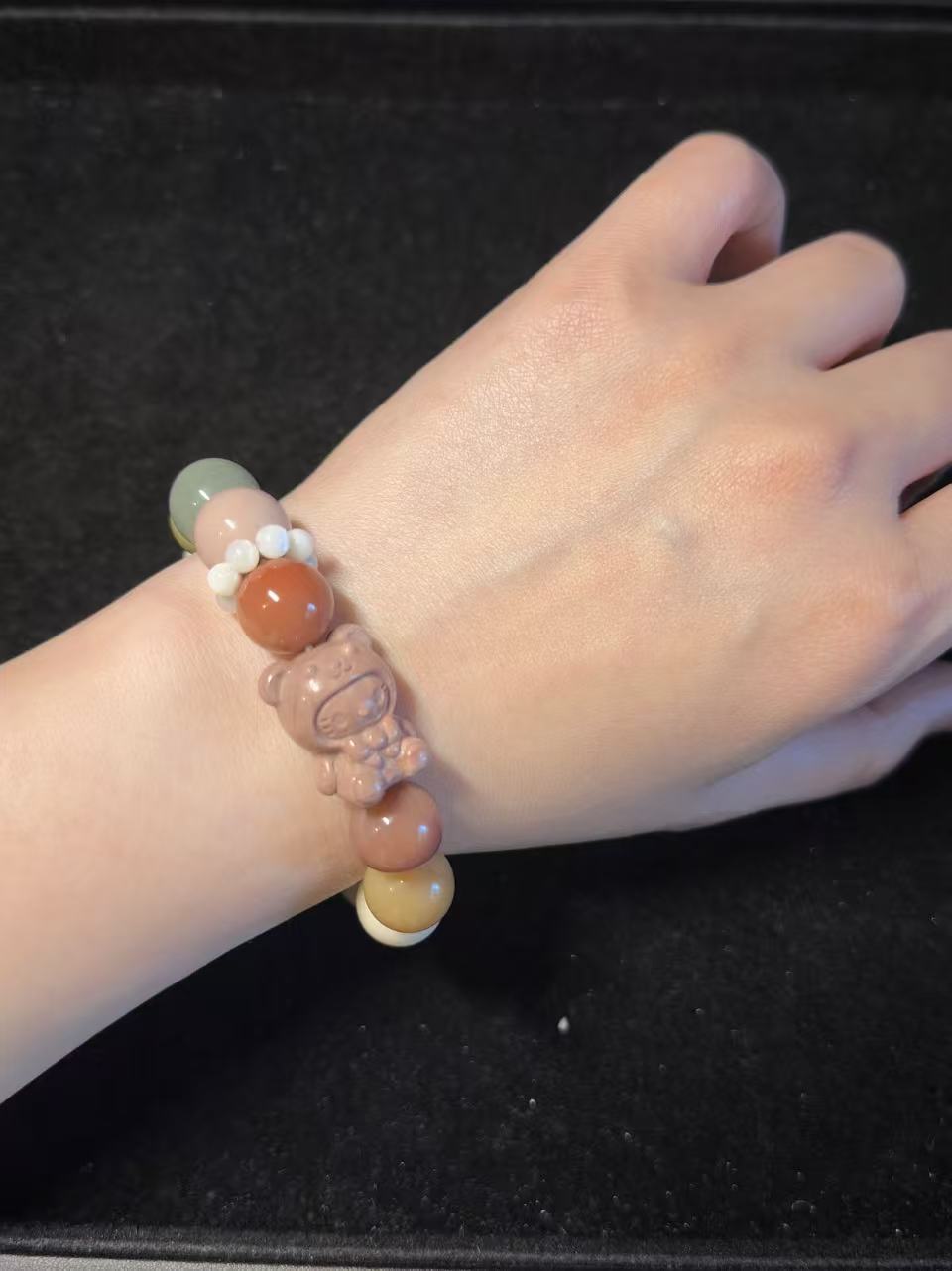 12mm Rainbow Alashan Agate Bead Bracelet with Kitty Charm | Handmade Jewellery | Gemstone with Charm Accessories | Gift for Her