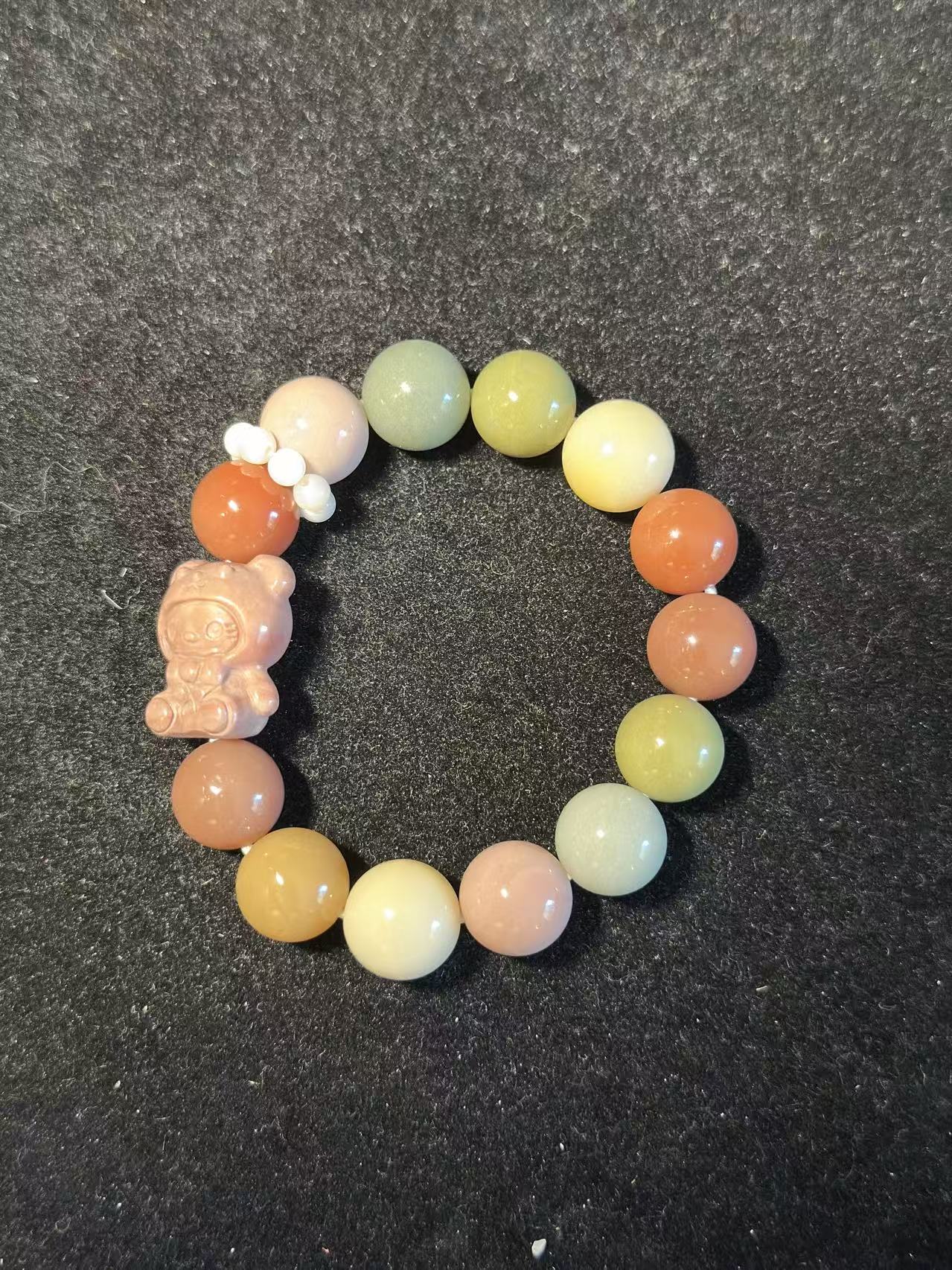 12mm Rainbow Alashan Agate Bead Bracelet with Kitty Charm | Handmade Jewellery | Gemstone with Charm Accessories | Gift for Her