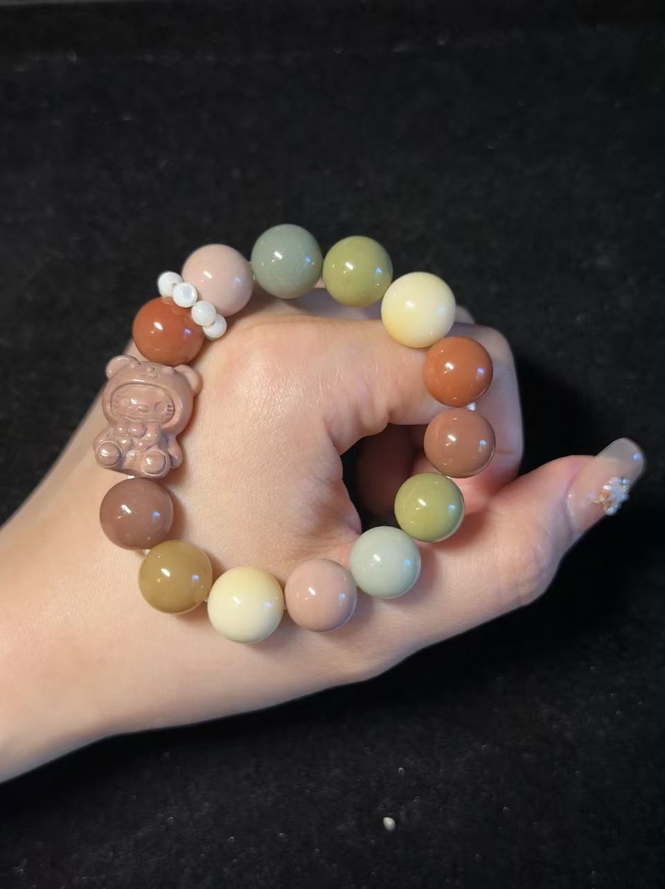 12mm Rainbow Alashan Agate Bead Bracelet with Kitty Charm | Handmade Jewellery | Gemstone with Charm Accessories | Gift for Her