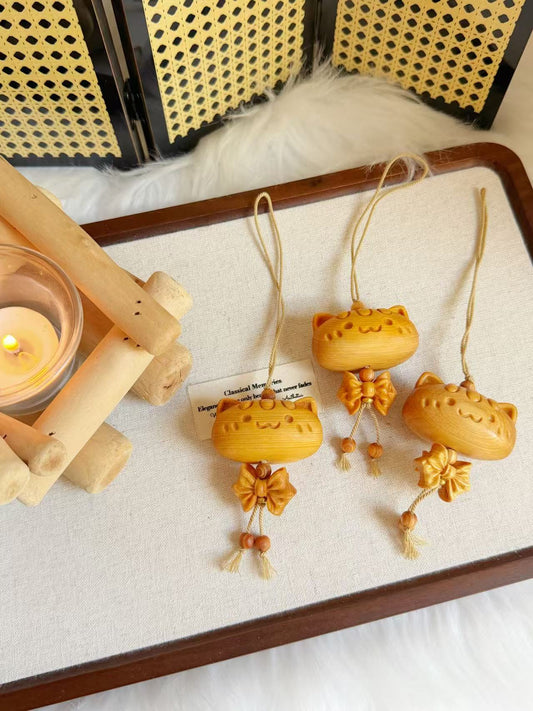 Hand-Carved Sandalwood Cat Charm | Natural Wooden Charm | Cute Cat Keychain Phone Chain Bag Accessory | Handmade Oriental Gift