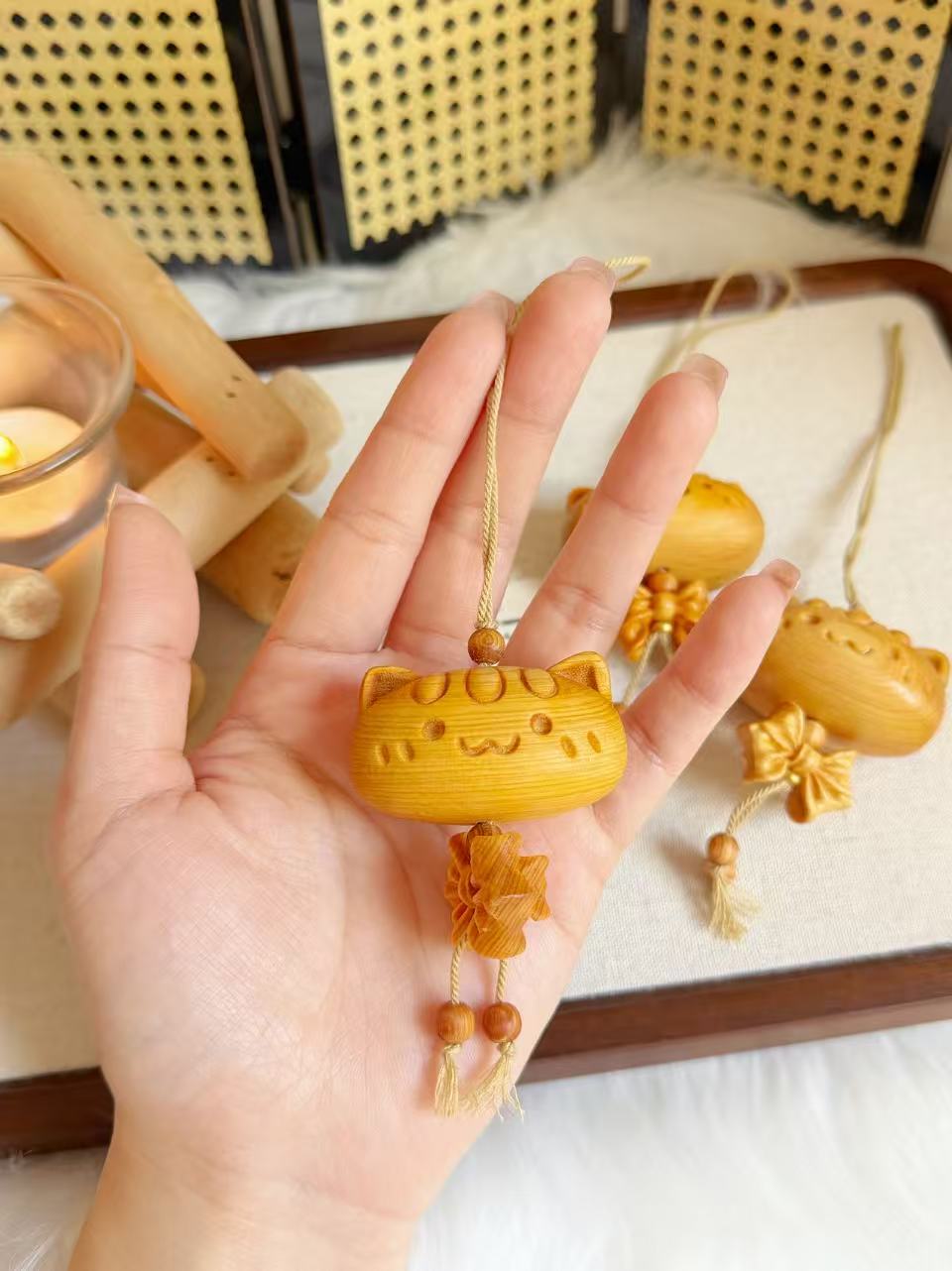 Hand-Carved Sandalwood Cat Charm | Natural Wooden Charm | Cute Cat Keychain Phone Chain Bag Accessory | Handmade Oriental Gift