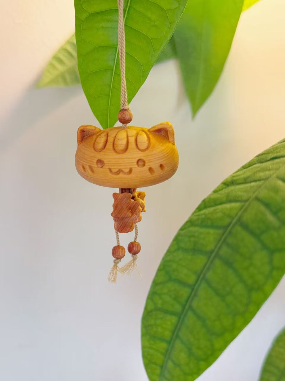 Hand-Carved Sandalwood Cat Charm | Natural Wooden Charm | Cute Cat Keychain Phone Chain Bag Accessory | Handmade Oriental Gift