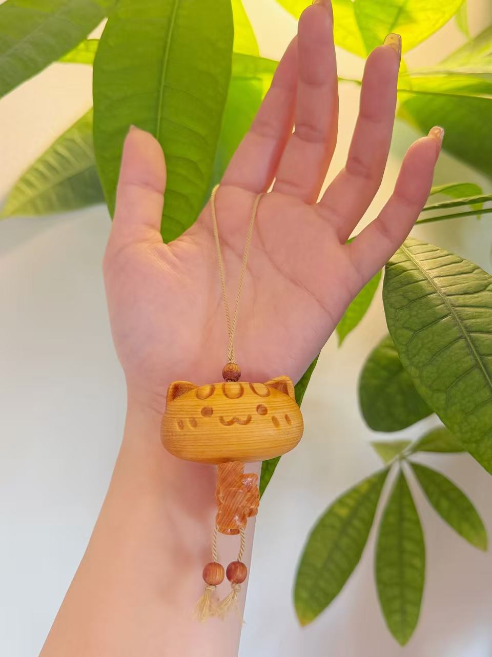 Hand-Carved Sandalwood Cat Charm | Natural Wooden Charm | Cute Cat Keychain Phone Chain Bag Accessory | Handmade Oriental Gift