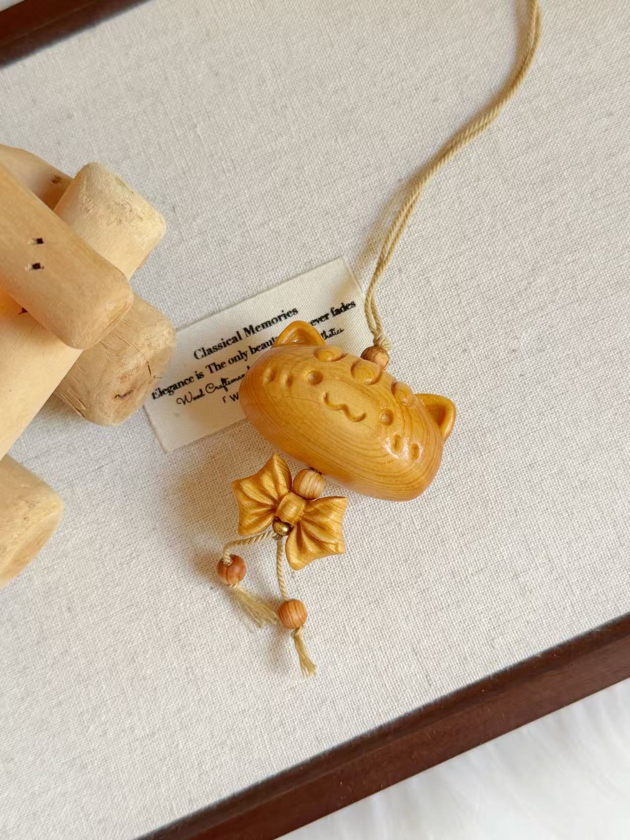 Hand-Carved Sandalwood Cat Charm | Natural Wooden Charm | Cute Cat Keychain Phone Chain Bag Accessory | Handmade Oriental Gift