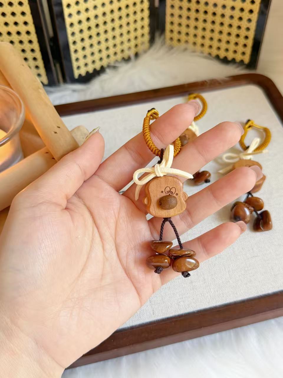 Hand-Carved Sandalwood Cute Sandwich Charm | Natural Wooden Charm | Cute Keychain or Bag Accessory | Handmade Oriental Gift