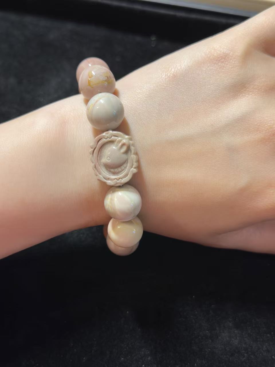 14mm Alashan Agate Beads Handmade Bracelet with Rabbit Plate Charm | Natural Gemstone Jewelry | Gift for Her | DIY | Textured Stone