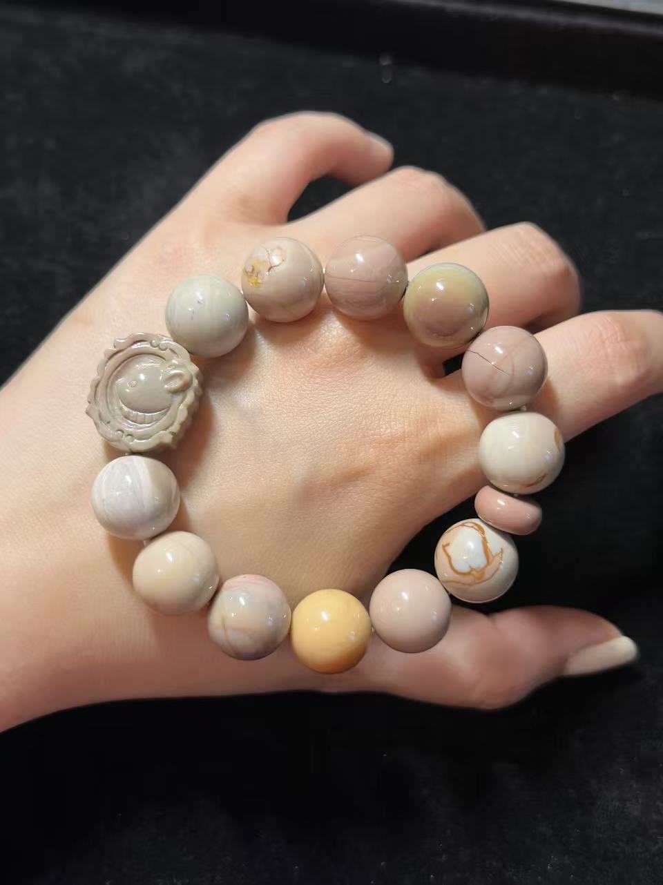 14mm Alashan Agate Beads Handmade Bracelet with Rabbit Plate Charm | Natural Gemstone Jewelry | Gift for Her | DIY | Textured Stone