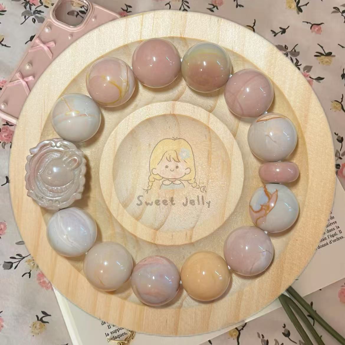 14mm Alashan Agate Beads Handmade Bracelet with Rabbit Plate Charm | Natural Gemstone Jewelry | Gift for Her | DIY | Textured Stone