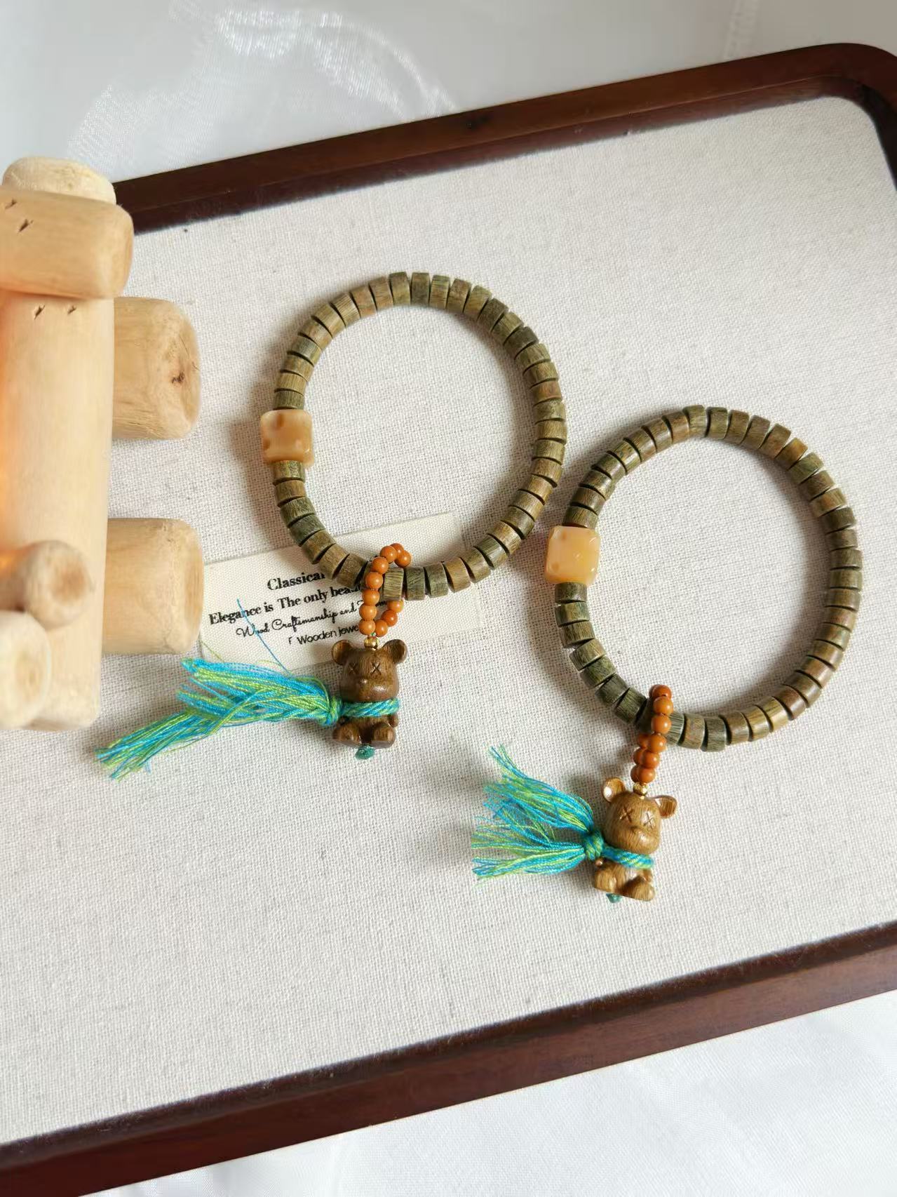 Green Sandalwood Tablet Bead Design Bracelet | Flat Bead Wood Bracelet | Handmade DIY | Inspired Aromatic Jewelry