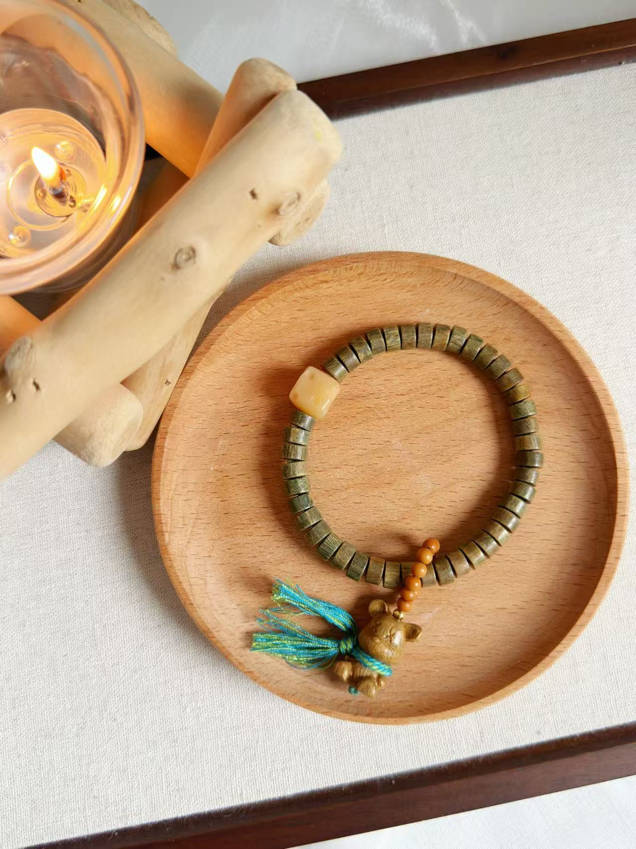 Green Sandalwood Tablet Bead Design Bracelet | Flat Bead Wood Bracelet | Handmade DIY | Inspired Aromatic Jewelry
