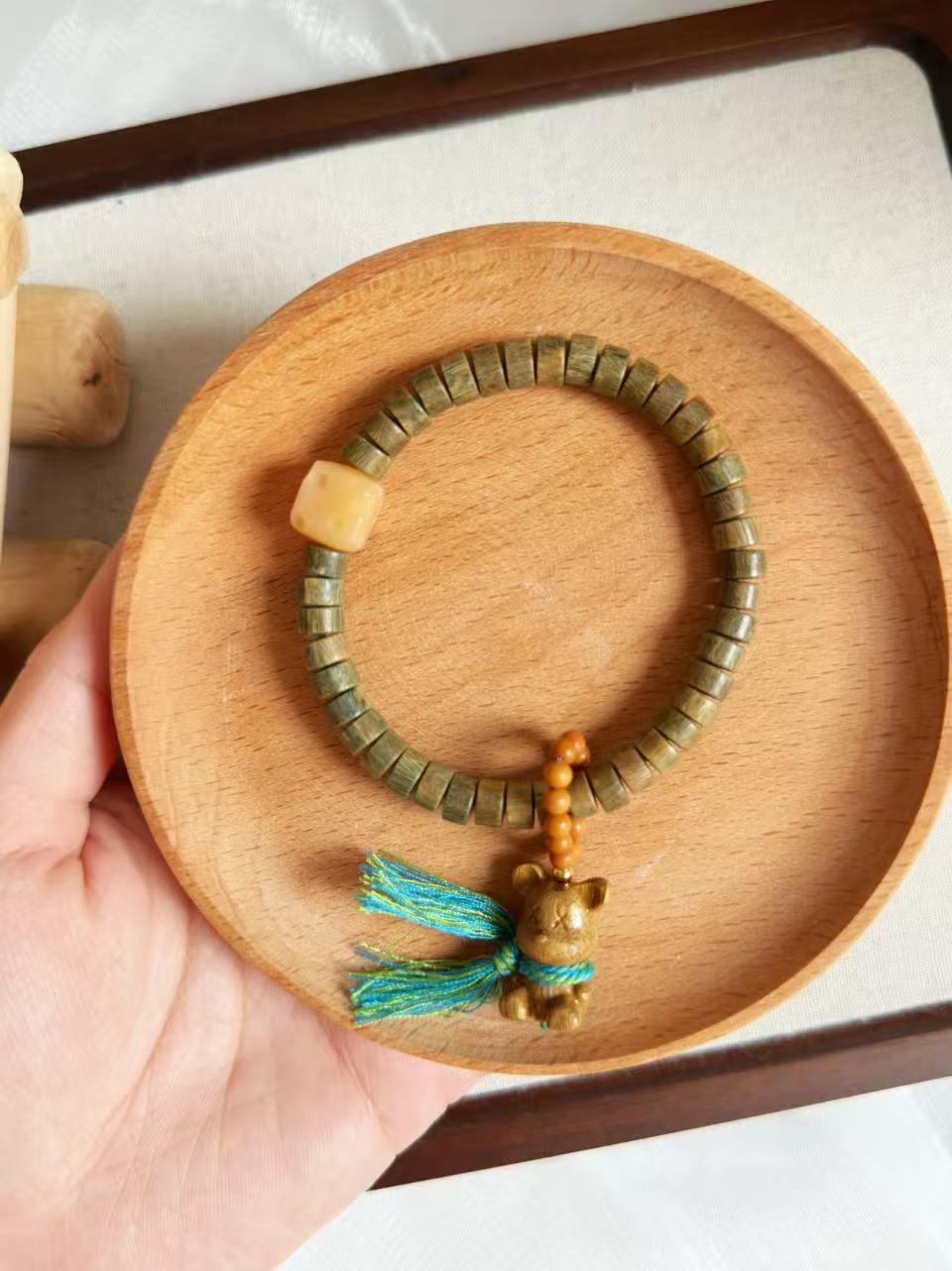Green Sandalwood Tablet Bead Design Bracelet | Flat Bead Wood Bracelet | Handmade DIY | Inspired Aromatic Jewelry
