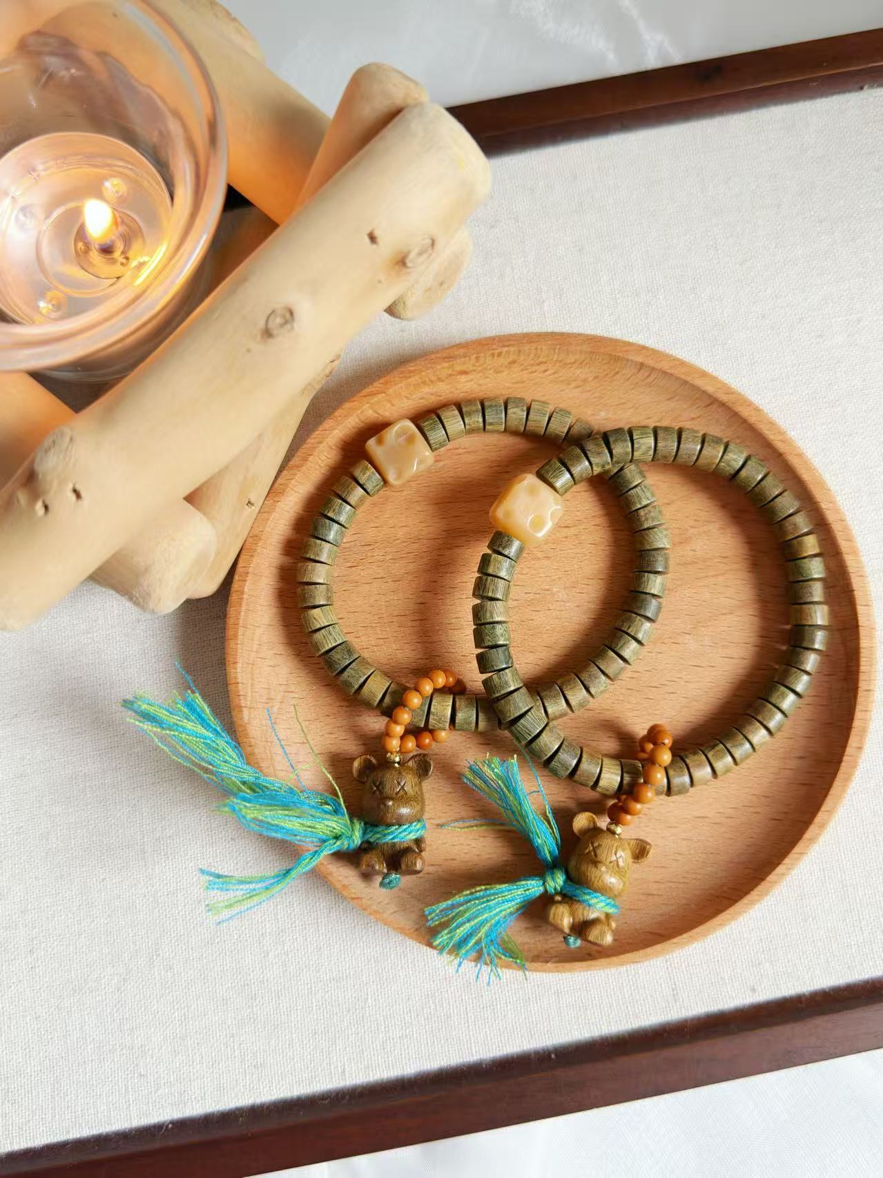 Green Sandalwood Tablet Bead Design Bracelet | Flat Bead Wood Bracelet | Handmade DIY | Inspired Aromatic Jewelry