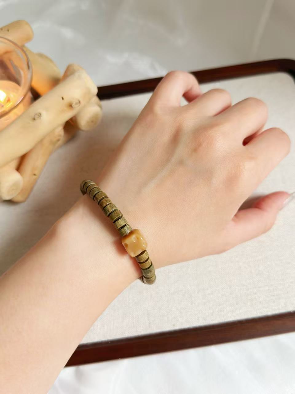 Green Sandalwood Tablet Bead Design Bracelet | Flat Bead Wood Bracelet | Handmade DIY | Inspired Aromatic Jewelry