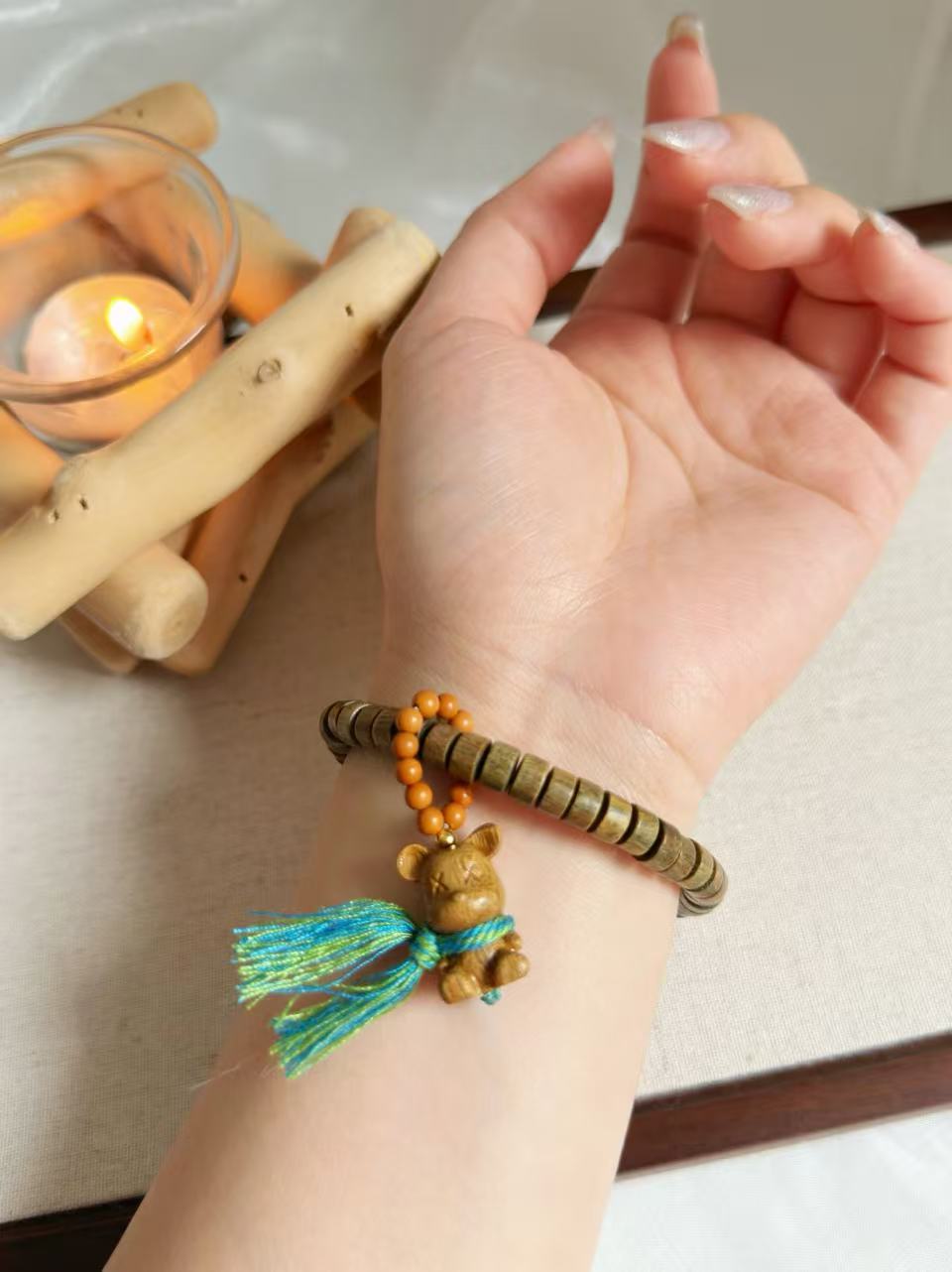 Green Sandalwood Tablet Bead Design Bracelet | Flat Bead Wood Bracelet | Handmade DIY | Inspired Aromatic Jewelry