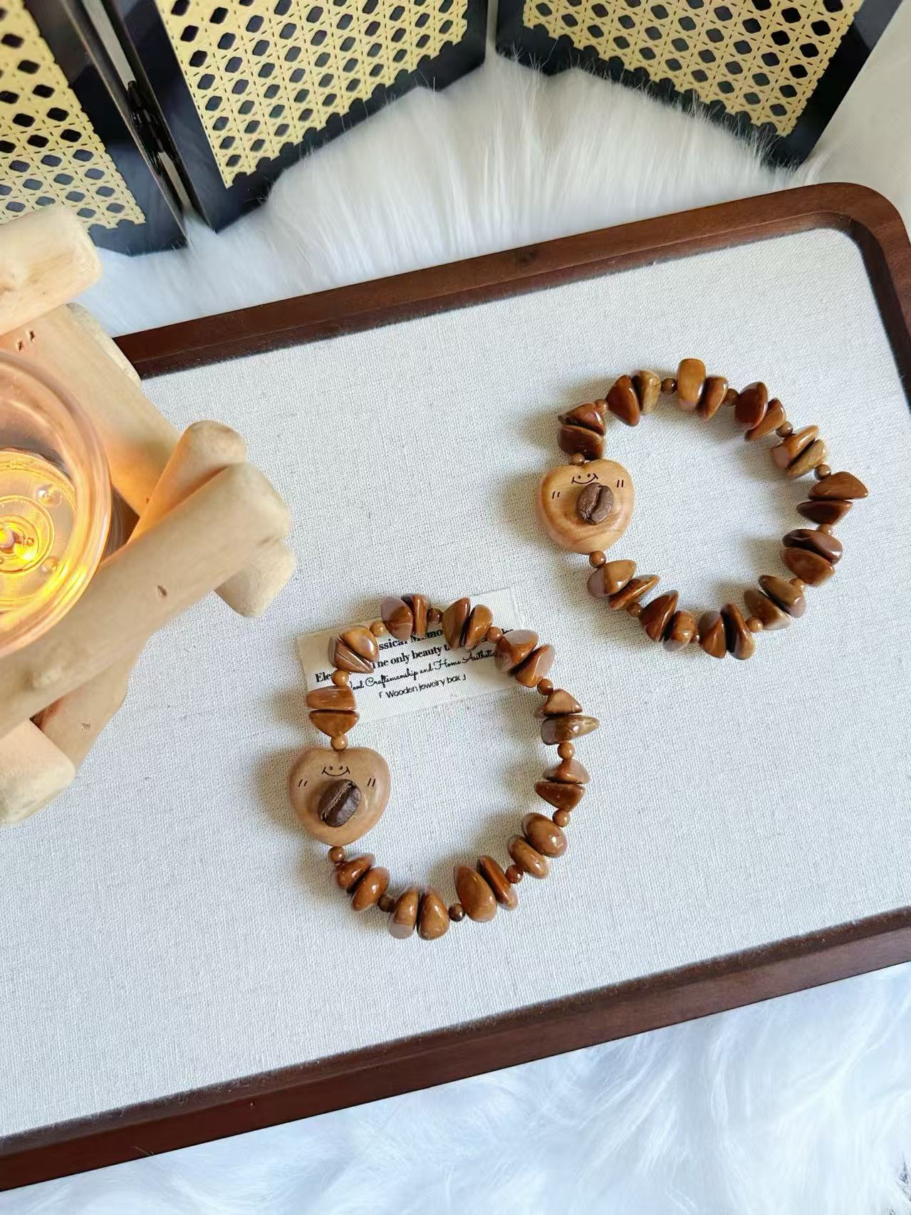 Irregular Natural Kuka Bracelet with Peach Wood Charm | Natural Wood | Handmade Bracelet