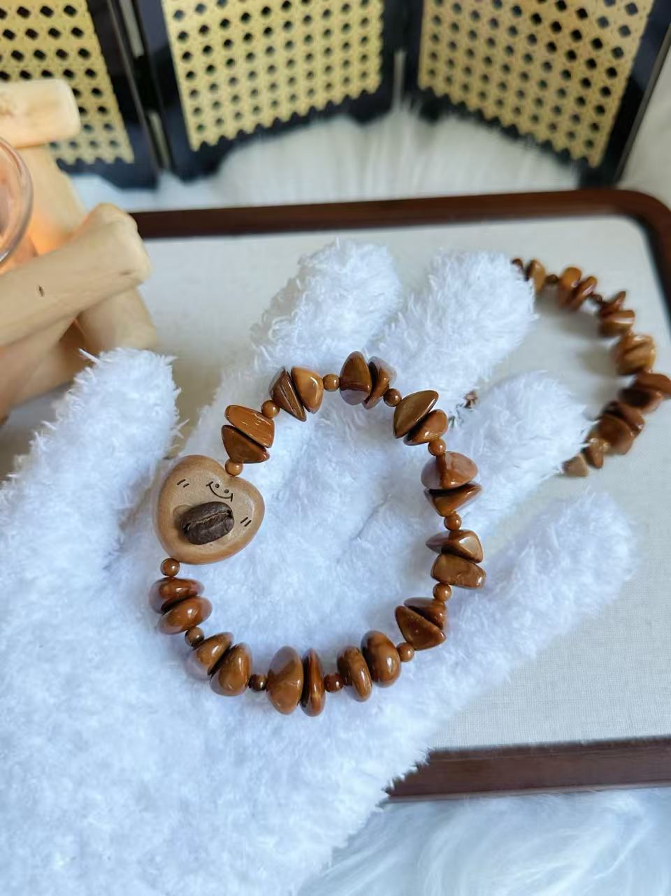 Irregular Natural Kuka Bracelet with Peach Wood Charm | Natural Wood | Handmade Bracelet