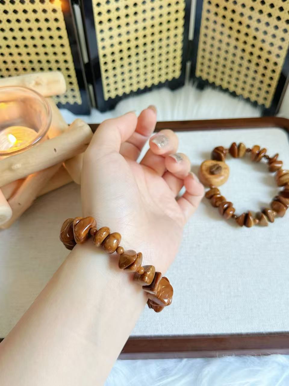 Irregular Natural Kuka Bracelet with Peach Wood Charm | Natural Wood | Handmade Bracelet