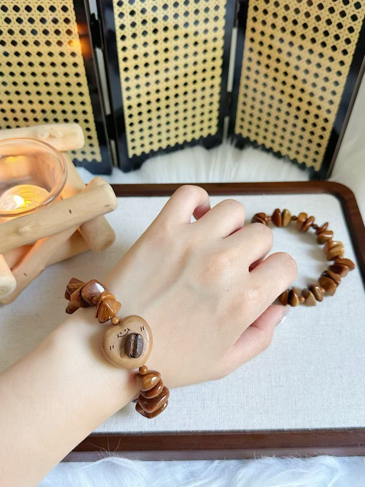 Irregular Natural Kuka Bracelet with Peach Wood Charm | Natural Wood | Handmade Bracelet