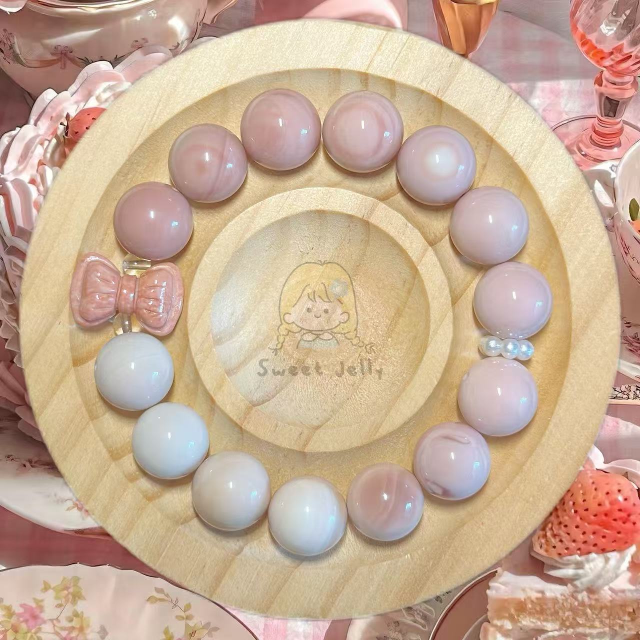 12mm Gradient Pink Alashan Agate Bead Bracelet with Bowknot Charm | Natural Gemstone Jewelry | Handmade | Gift for Her