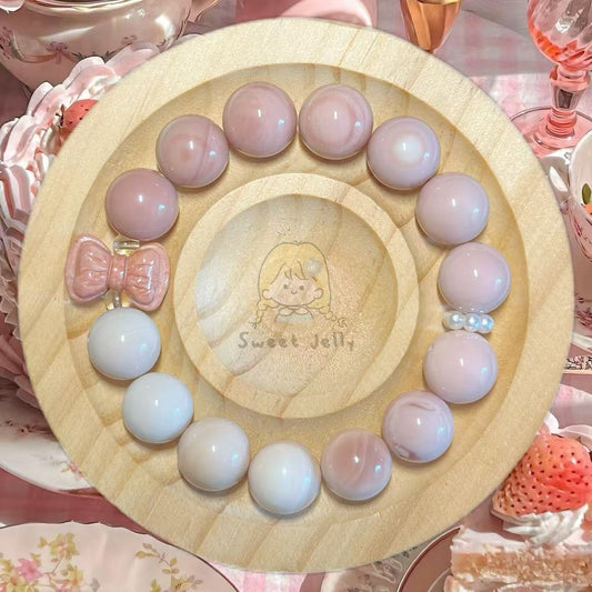 12mm Gradient Pink Alashan Agate Bead Bracelet with Bowknot Charm | Natural Gemstone Jewelry | Handmade | Gift for Her