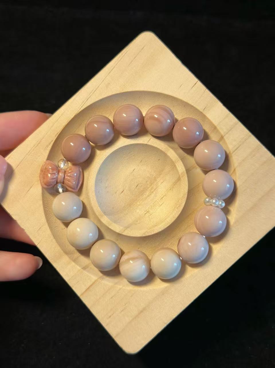 12mm Gradient Pink Alashan Agate Bead Bracelet with Bowknot Charm | Natural Gemstone Jewelry | Handmade | Gift for Her