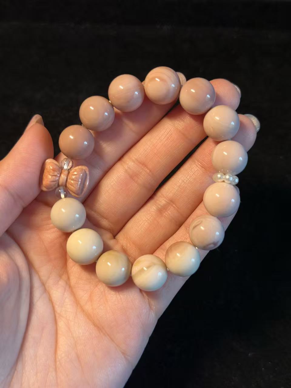 12mm Gradient Pink Alashan Agate Bead Bracelet with Bowknot Charm | Natural Gemstone Jewelry | Handmade | Gift for Her