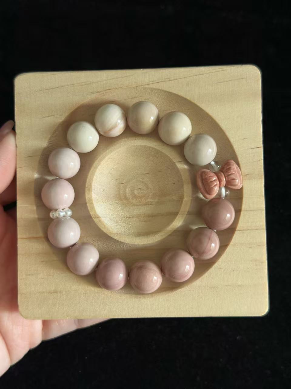 12mm Gradient Pink Alashan Agate Bead Bracelet with Bowknot Charm | Natural Gemstone Jewelry | Handmade | Gift for Her