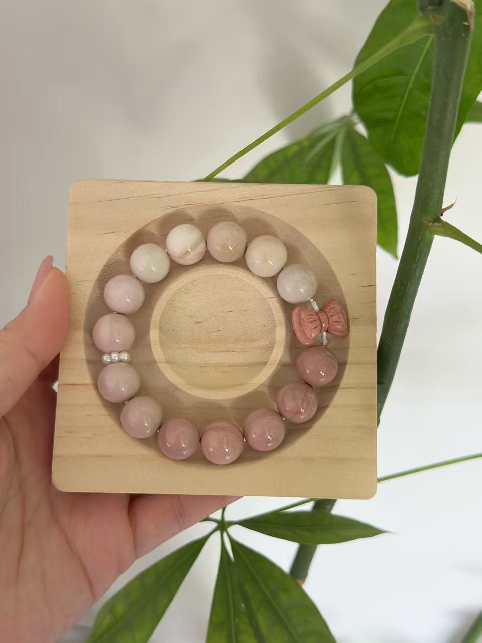 12mm Gradient Pink Alashan Agate Bead Bracelet with Bowknot Charm | Natural Gemstone Jewelry | Handmade | Gift for Her