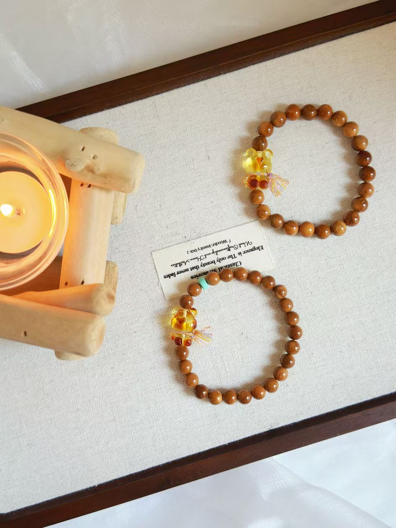 Natural Kuka Bracelet with Amber Bear Charm | Prayer Beads | Handmade Bracelet