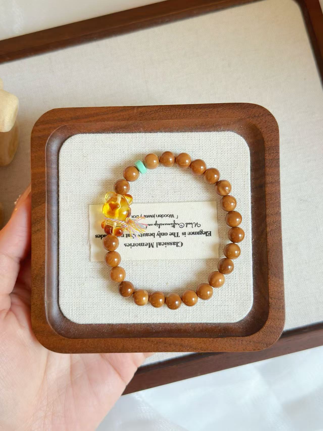 Natural Kuka Bracelet with Amber Bear Charm | Prayer Beads | Handmade Bracelet
